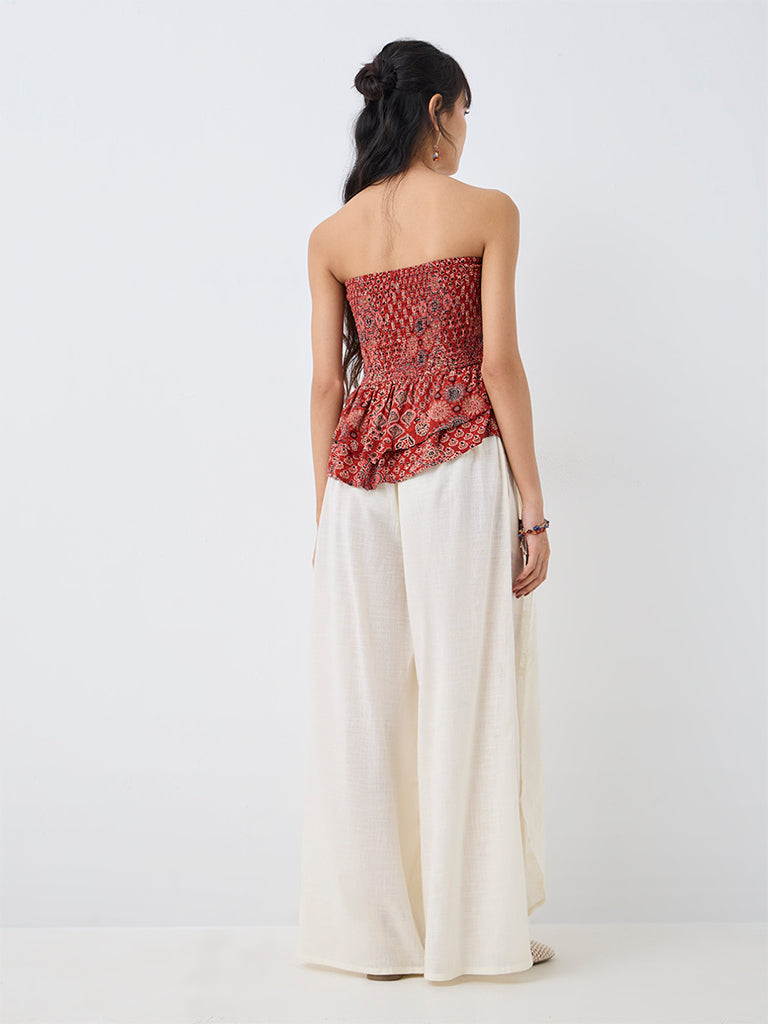 Bombay Paisley Off-White Floral Embroidered High-Rise Cotton Pants