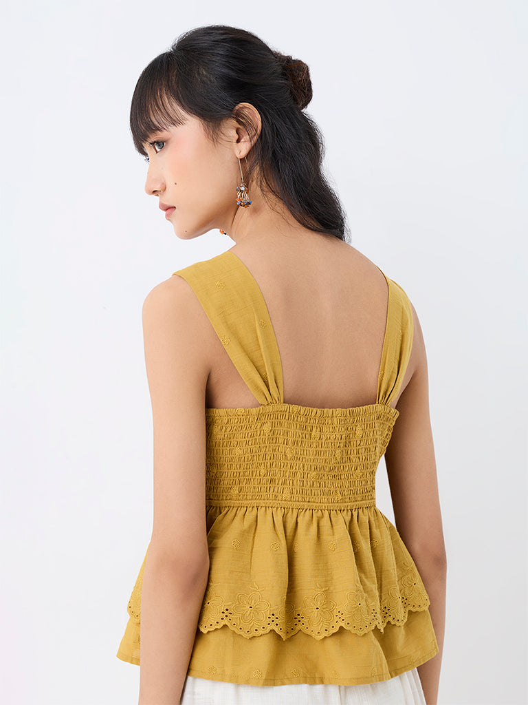 Bombay Paisley Mustard Schiffli Embroidered Cotton Top