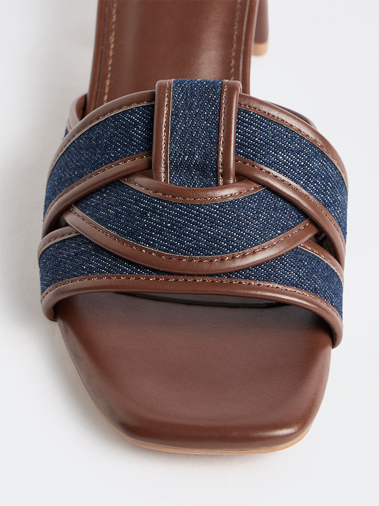 LUNA BLU Dark Blue Multi-Strap Denim Block Heel Sandals