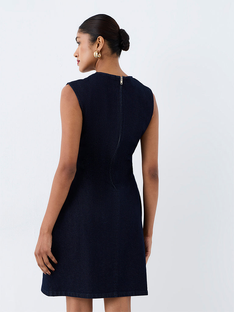 Wardrobe Navy Solid Sheath Cotton-Blend Dress