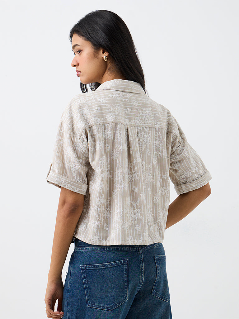 LOV Light Taupe Floral Embroidered Cotton-Blend Shirt