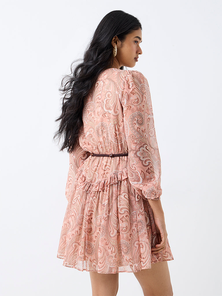 LOV Peach Paisley Printed Fit-and-Flare Dress with Belt