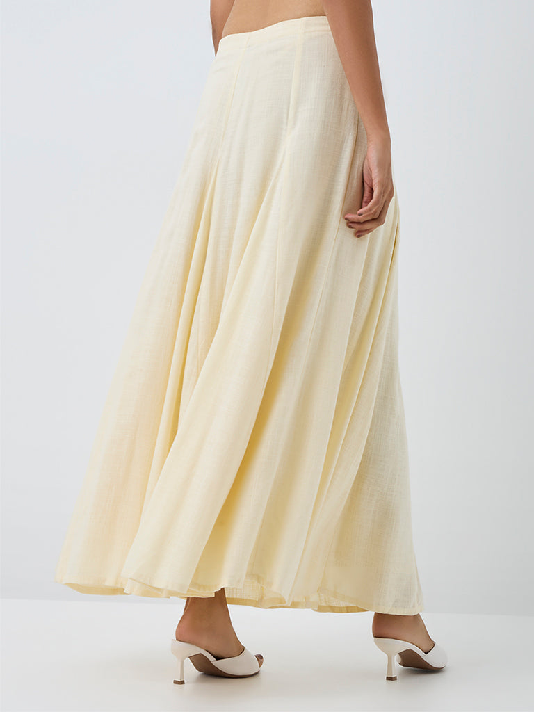 LOV Light Yellow Pleated High-Rise Linen-Blend Maxi Skirt