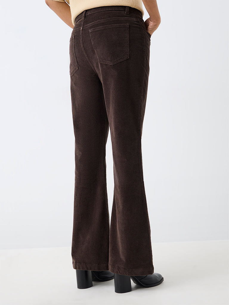 LOV Dark Brown Bootcut High-Rise Corduroy Cotton-Blend Trousers