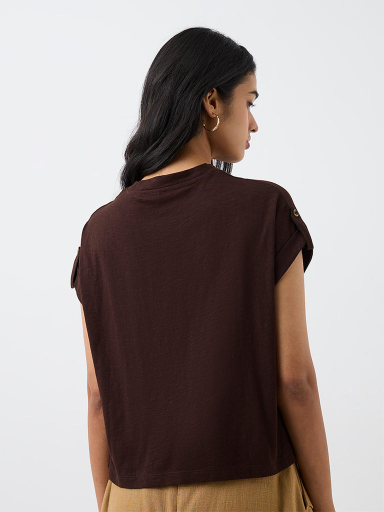 LOV Dark Brown Solid Cotton T-Shirt