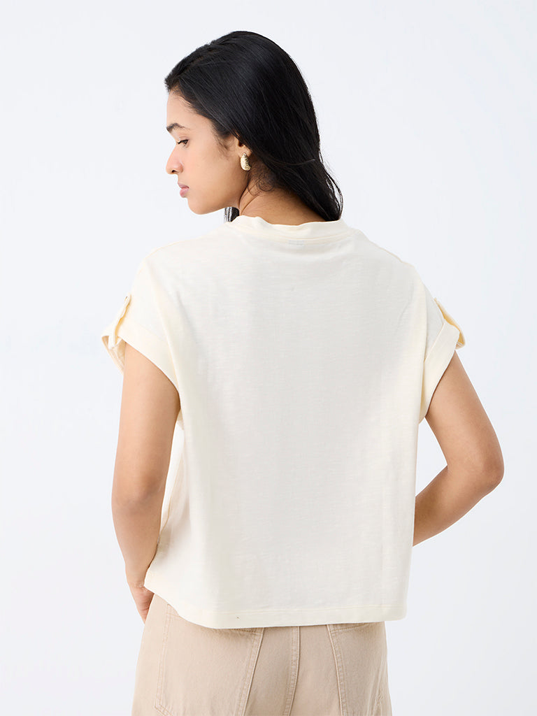 LOV Off-White Solid Cotton T-Shirt