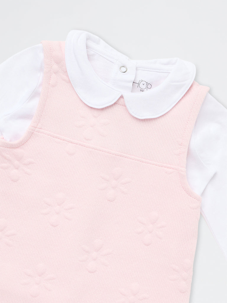 HOP Baby Girls Pink Floral Design Cotton-Blend Pinafore with T-Shirt Set