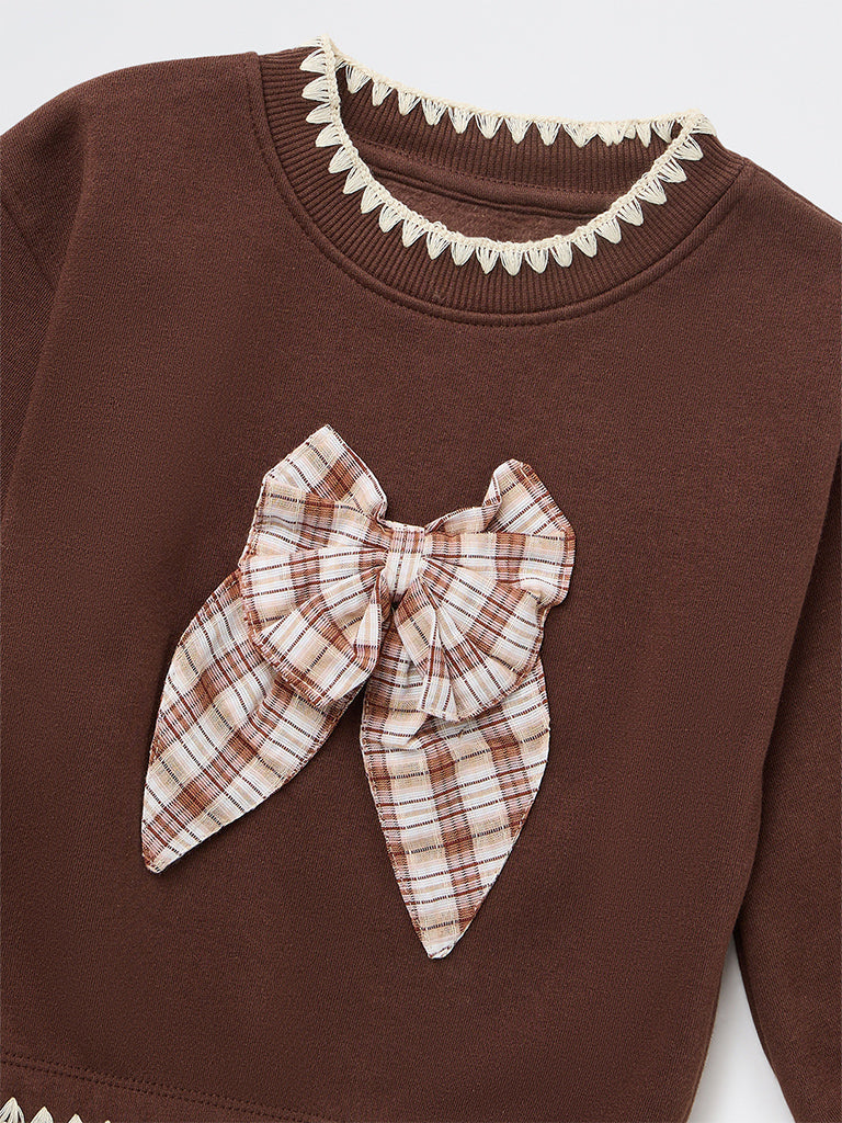 HOP Kids Girls Brown Bow Detailed Cotton-Blend Sweatshirt
