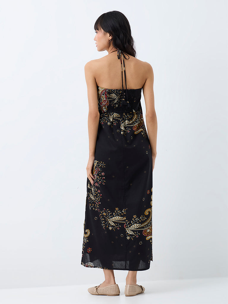 Bombay Paisley Black Floral Printed Cotton A-Line Dress