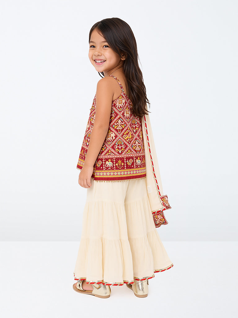 Utsa Kids Girls Red Printed Cotton Kurta with Sharara Set (2-8 yrs)