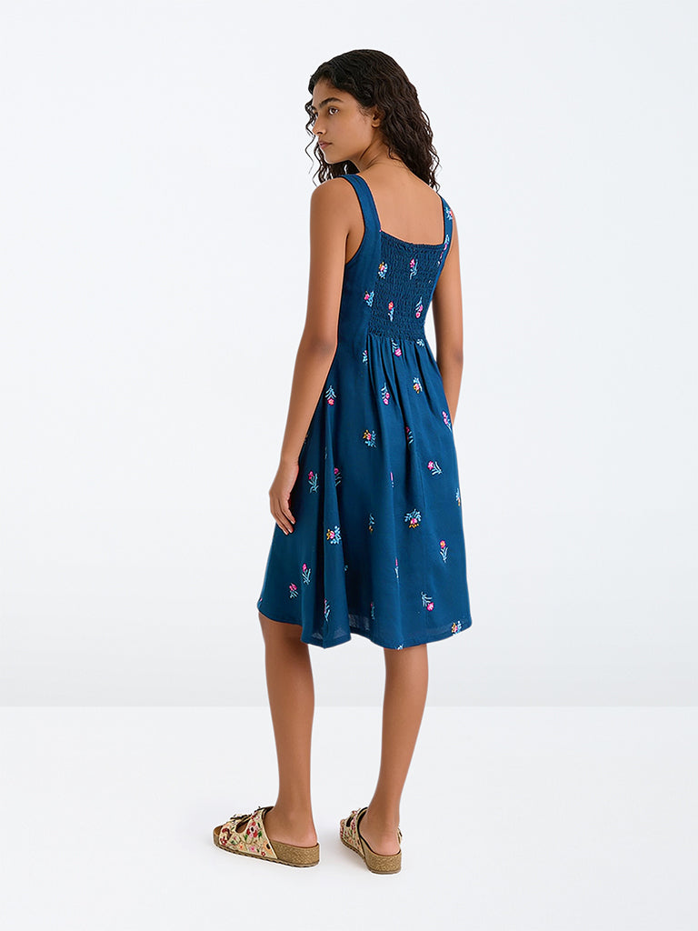 Utsa Kids Girls Dark Blue Floral Embroidered A-Line Dress - (8-14 yrs)