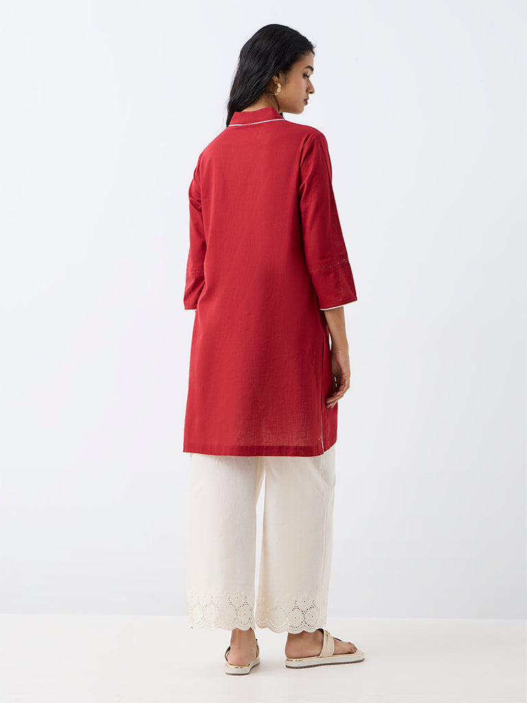 Utsa Red Floral Embroidered Cotton Straight Kurta