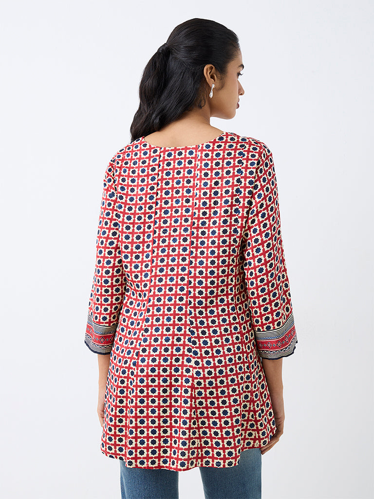 Utsa Red Geometric Printed Cotton Tunic