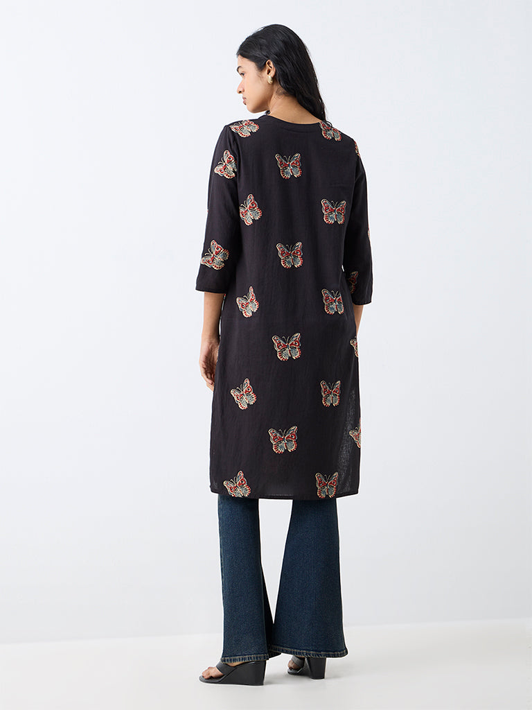 Utsa Black Butterfly Printed Cotton Straight Kurta