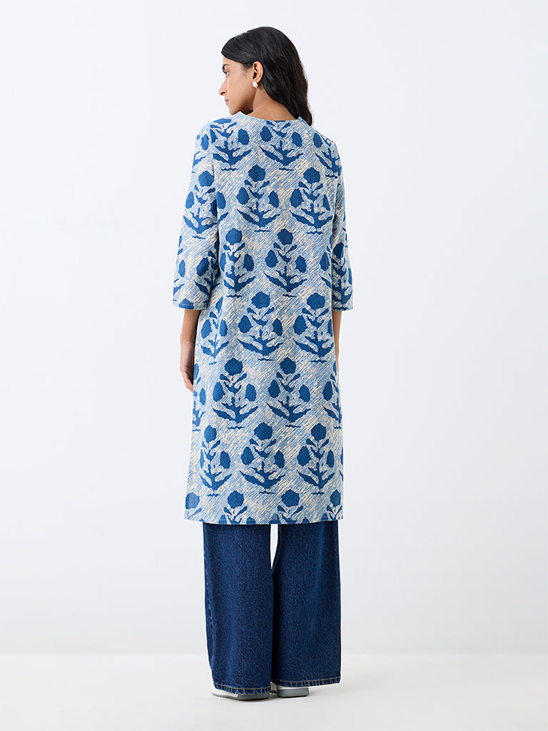 Utsa Indigo Floral Printed Straight Kurta