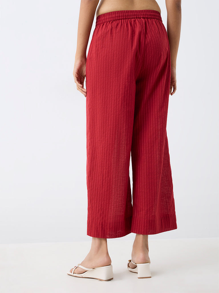 Utsa Red Striped Cotton Pants