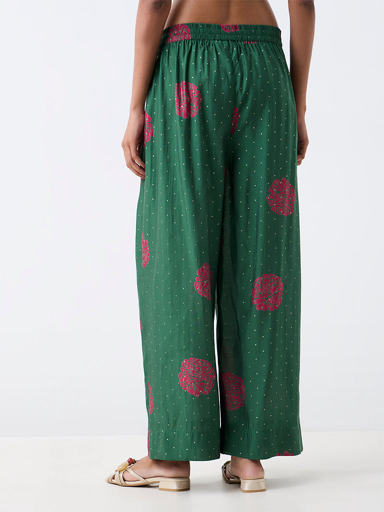 Utsa Dark Green Floral Printed Pants