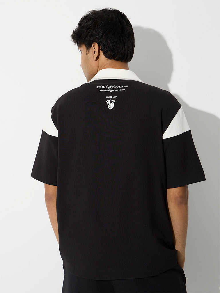 Nuoflexx Black Relaxed-Fit Cotton-Blend Quarter-Zip Polo T-Shirt