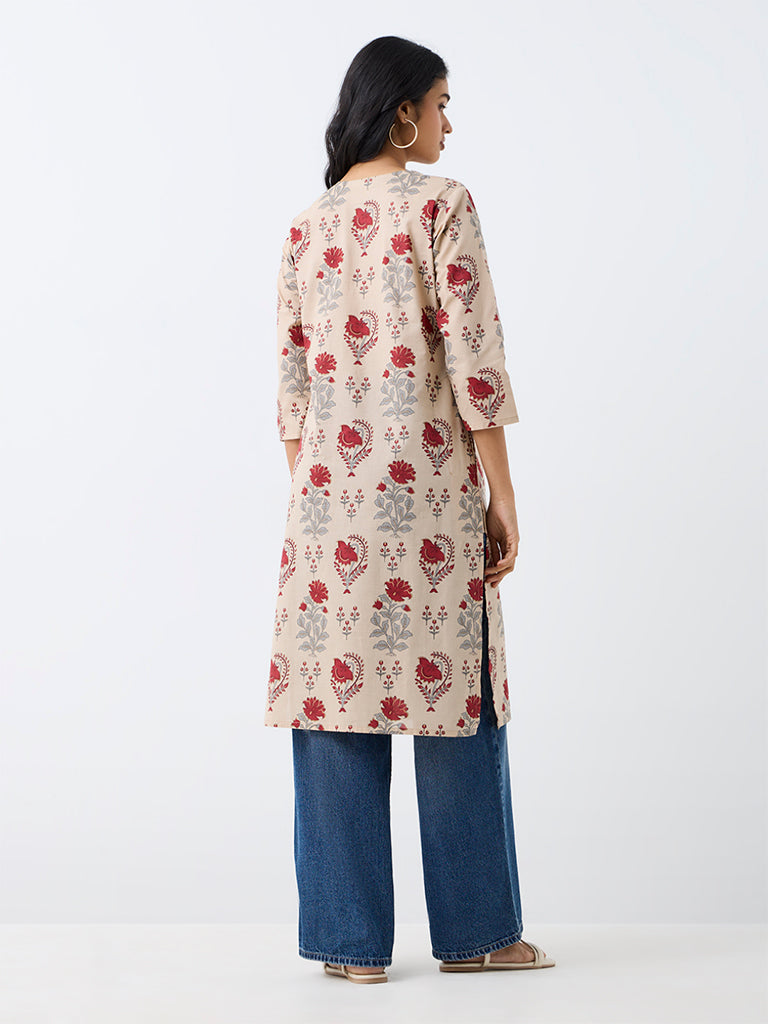Utsa Beige Floral Printed Cotton Straight Kurta