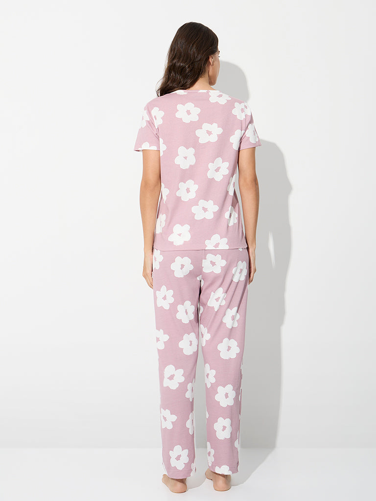 Wunderlove Light Mauve Floral Cotton T-Shirt and Pants Set