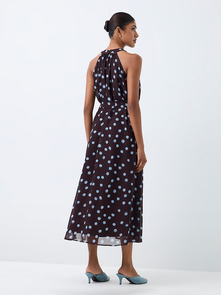 Wardrobe Dark Brown Polka Dot A-Line Dress with Belt