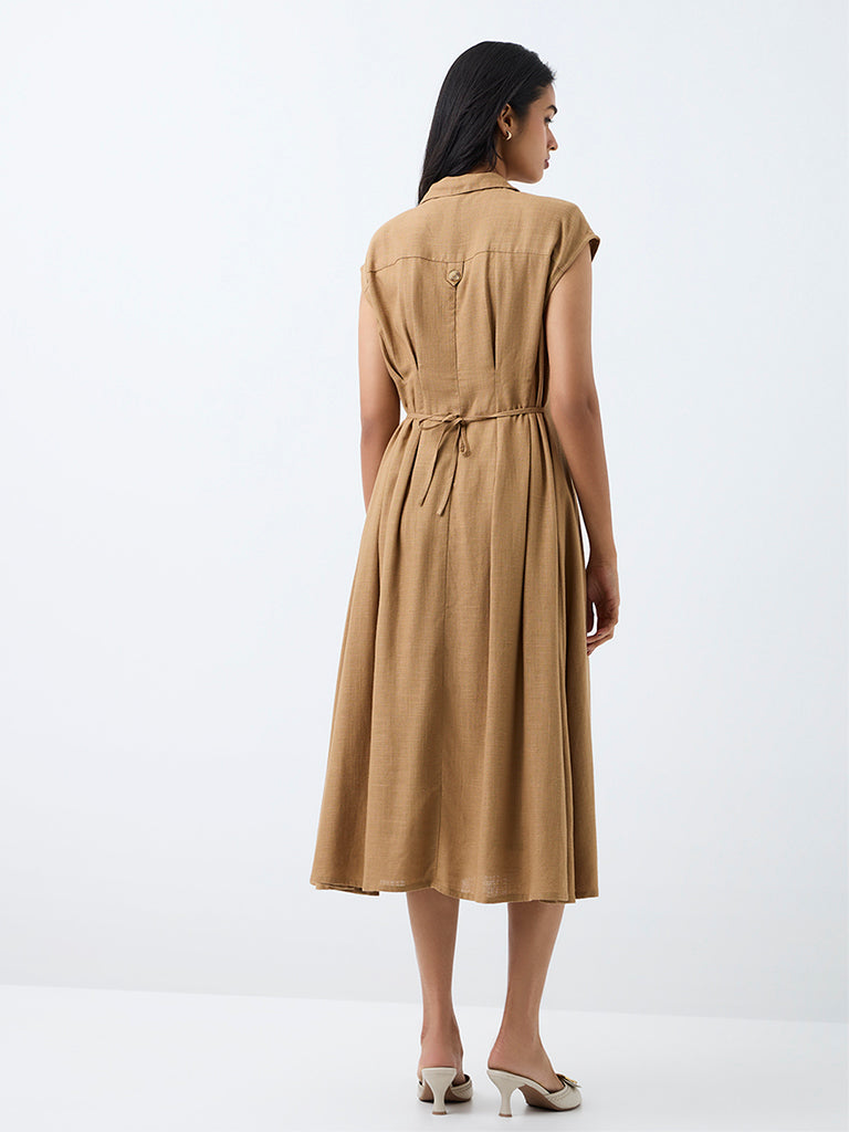 LOV Dark Beige Pleated Midi Shirt Dress.