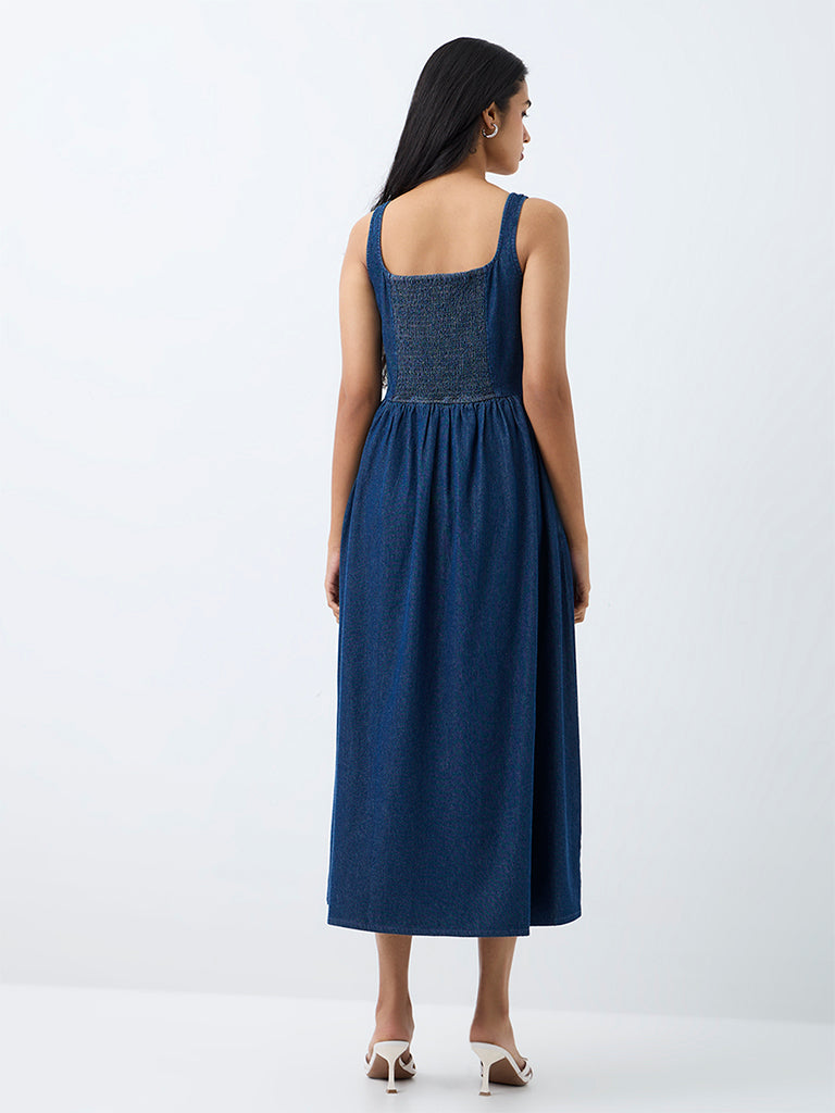 LOV Dark Blue Tie-Up Detail Fit-and-Flare Denim Dress