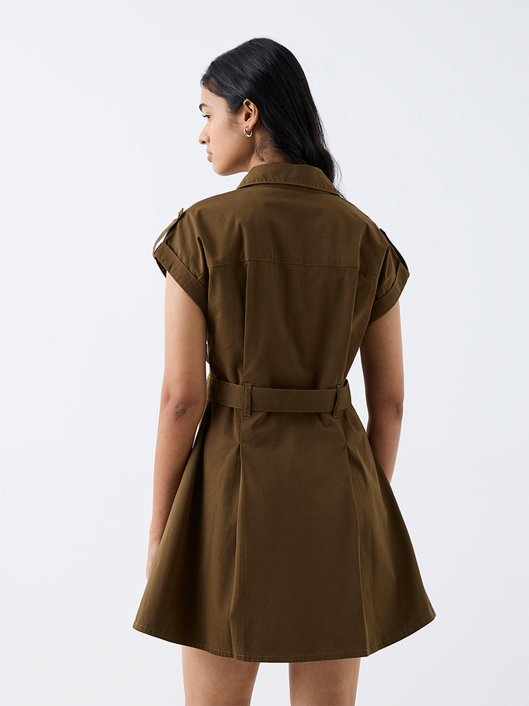 LOV Dark Olive Solid Cotton Shirt Dress with Belt