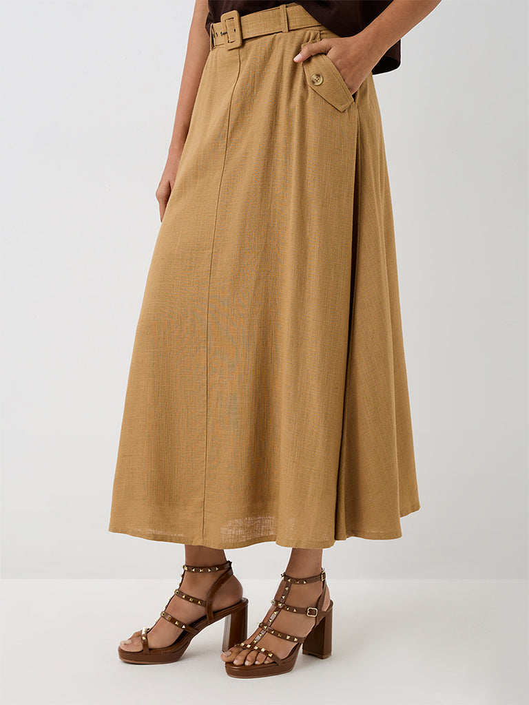 LOV Dark Beige High-Rise Cotton Skirt with Belt