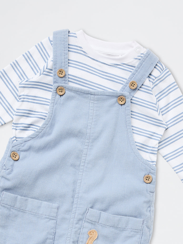 HOP Baby Boys Dusty Blue Corduroy Cotton Dungarees with Striped T-Shirt Set