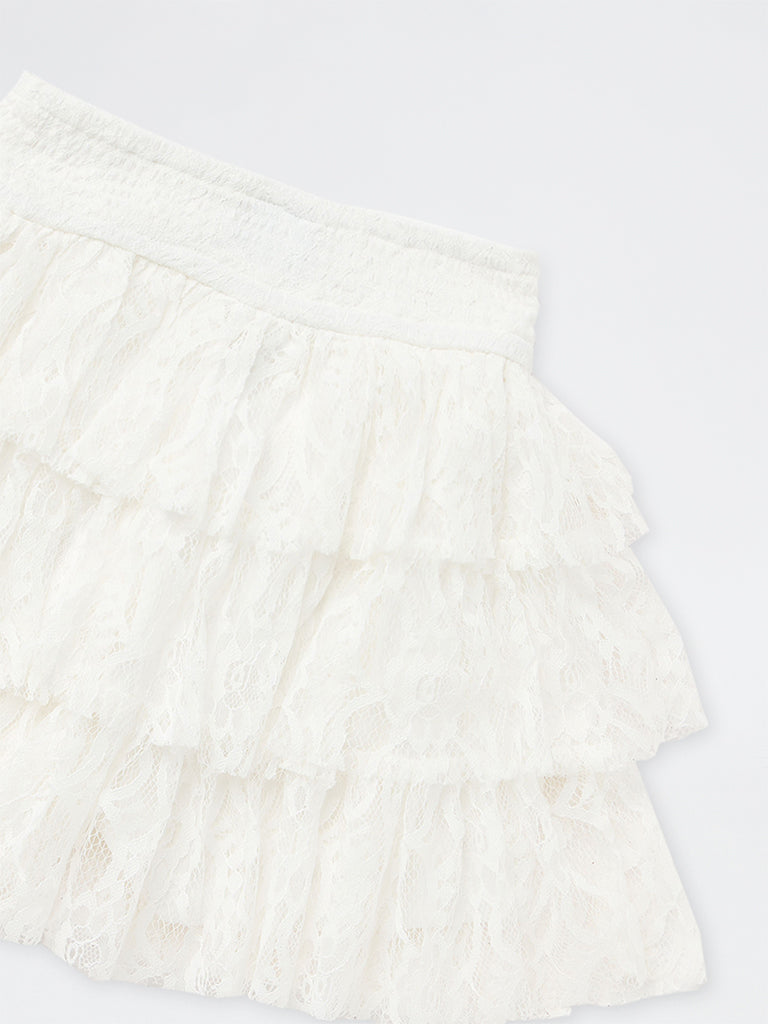Y&F Kids Girls White Lace Detailed Tiered High-Rise Skirt