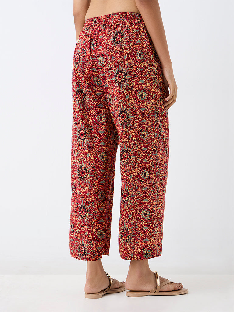 Utsa Red Floral Design Pants