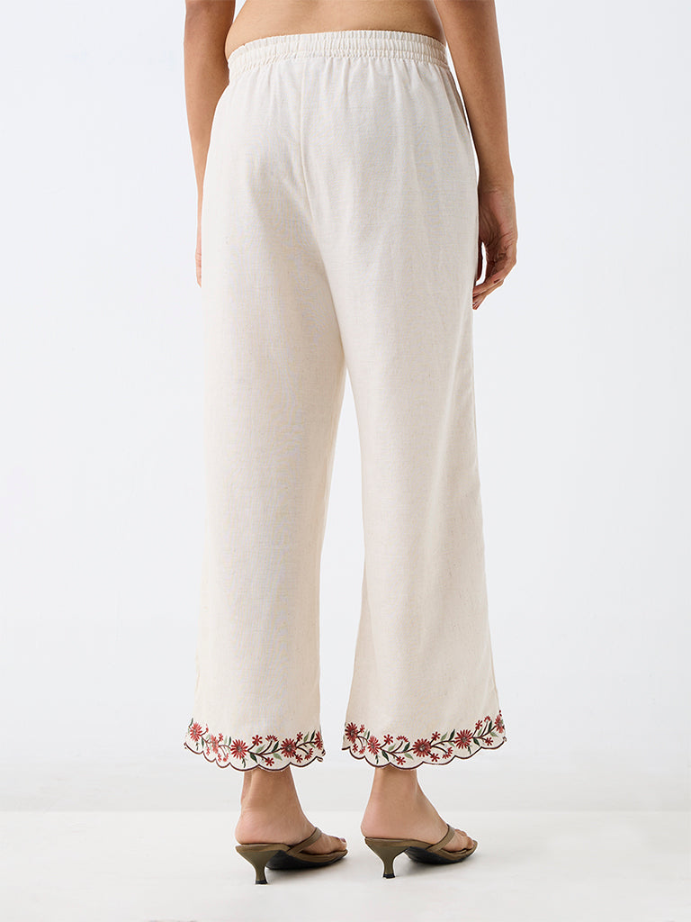Utsa Off-White Floral Embroidered Cotton-Blend Pants