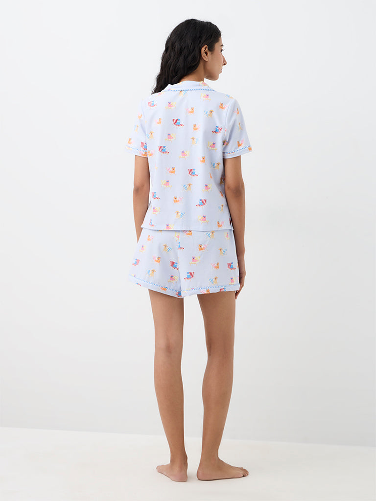 Superstar Light Blue Animal Printed Cotton-Blend Shirt