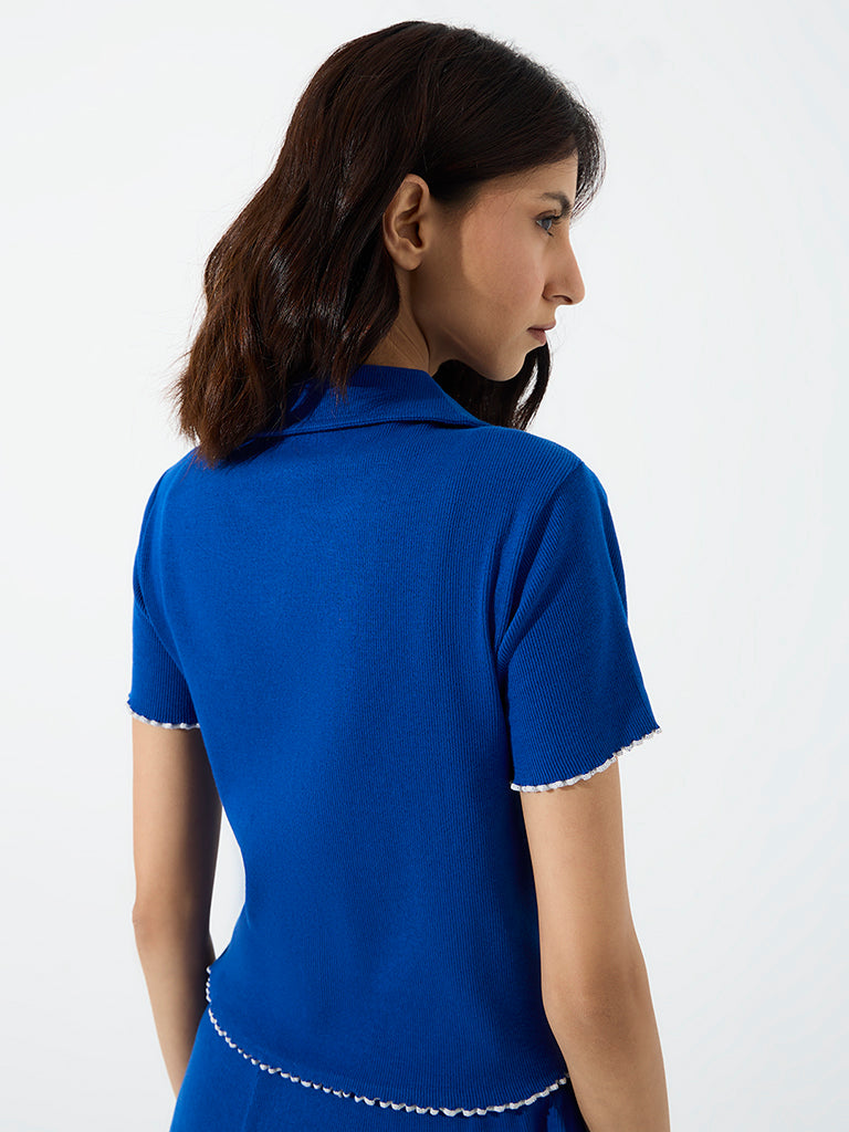 Superstar Blue Ribbed Cotton-Blend Top