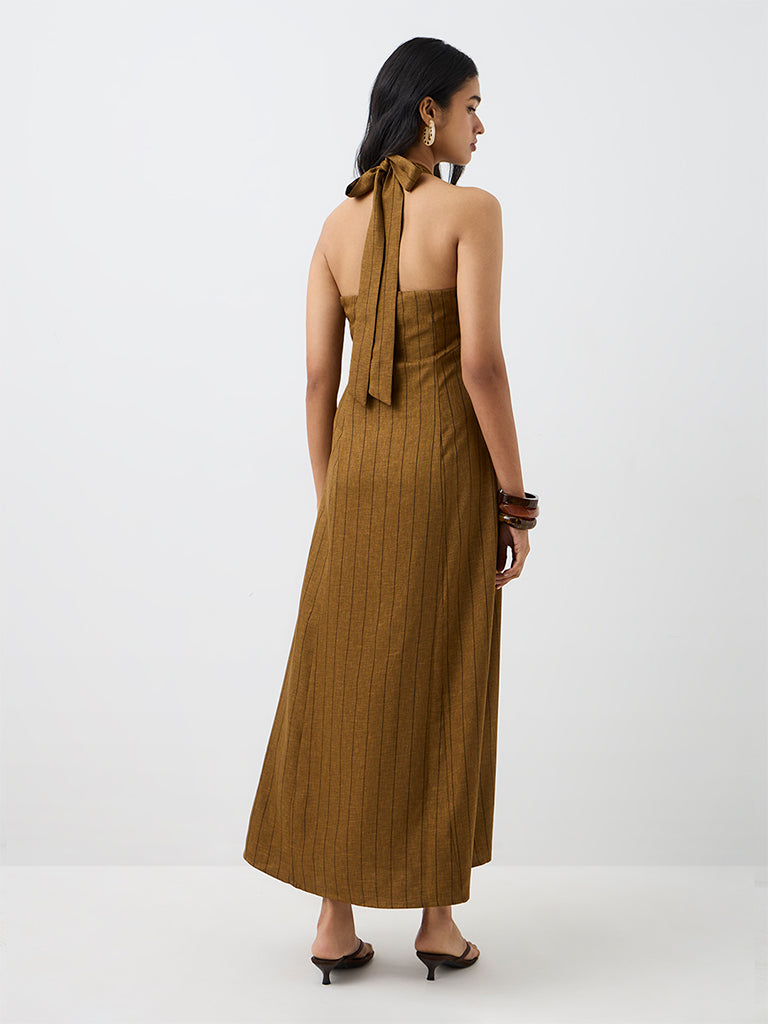 LOV Dark Mustard Striped Linen-Blend A-Line Dress