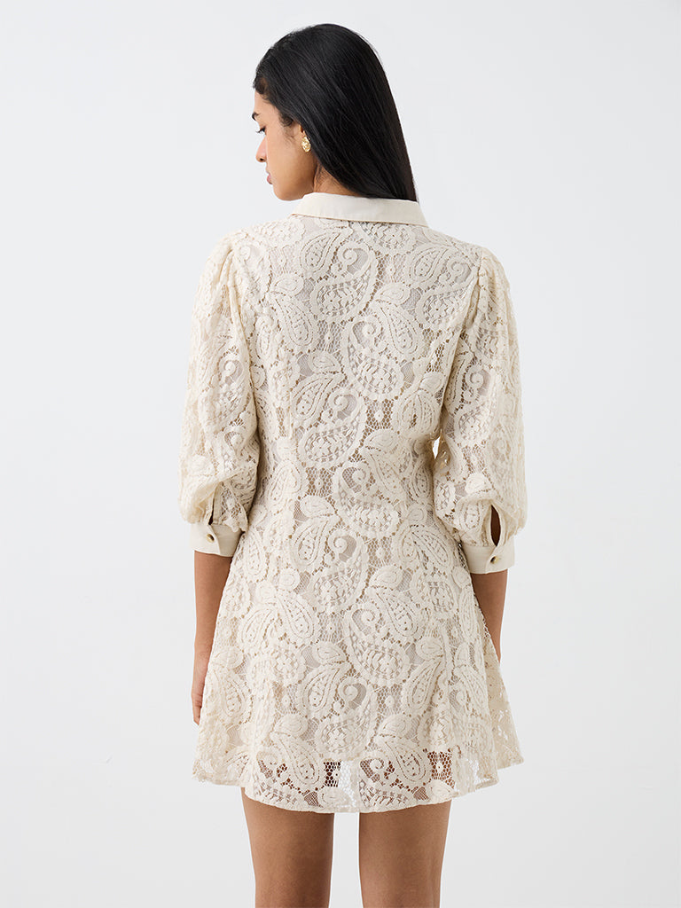 LOV Off-White Paisley Laced Linen Shirt Dress