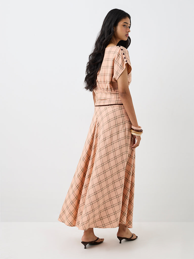 LOV Peach Plaid Checkered High-Rise Cotton Skirt
