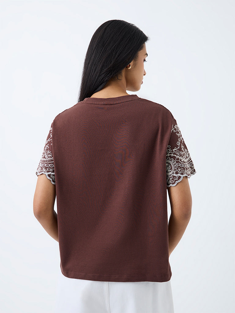 LOV Dark Brown Floral Embroidered Cotton T-Shirt
