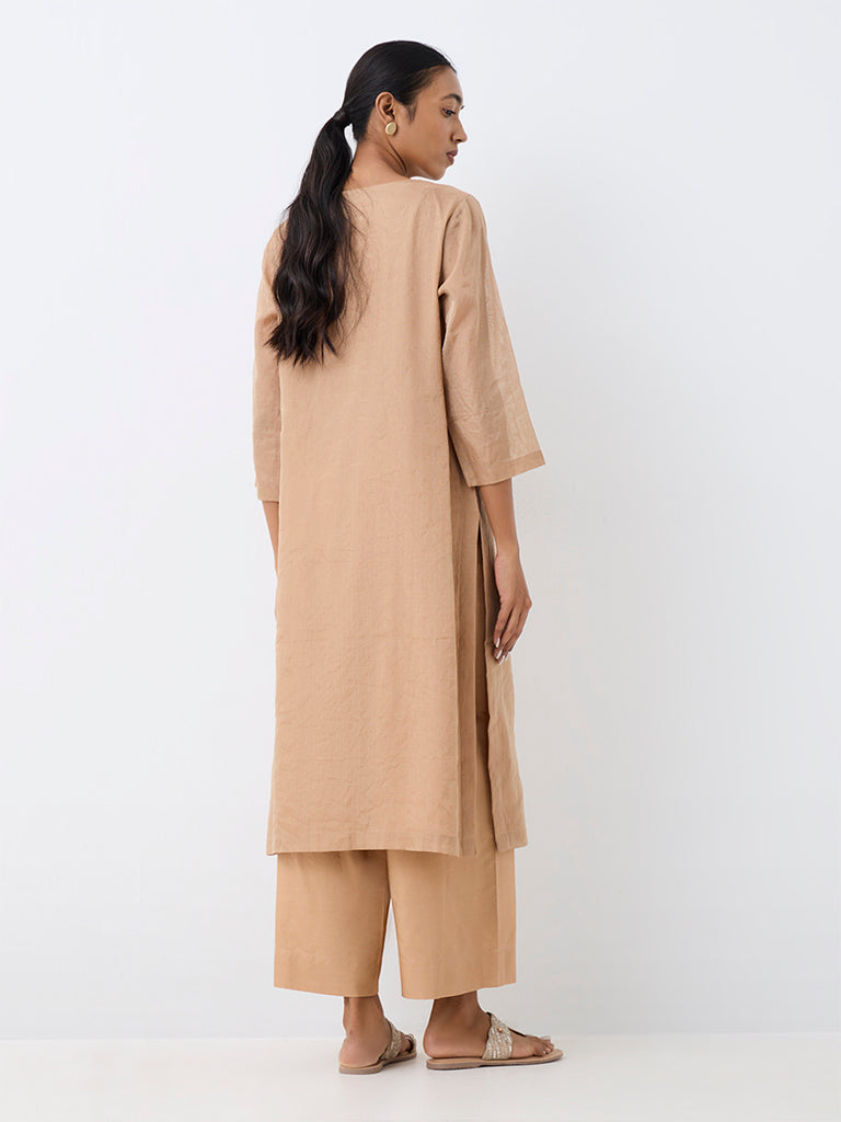 Zuba Beige Floral Embroidered Straight Kurta