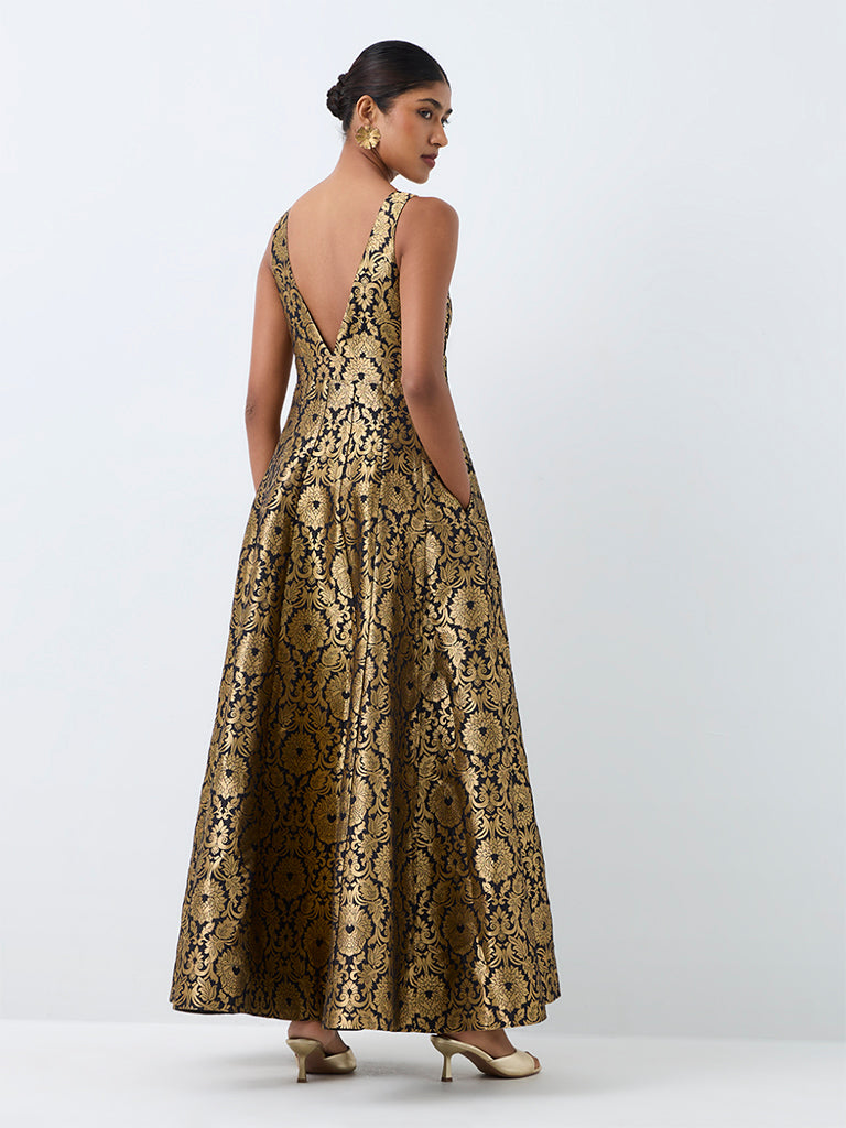 Vark Black Floral Jacquard Fit-and-Flare Dress