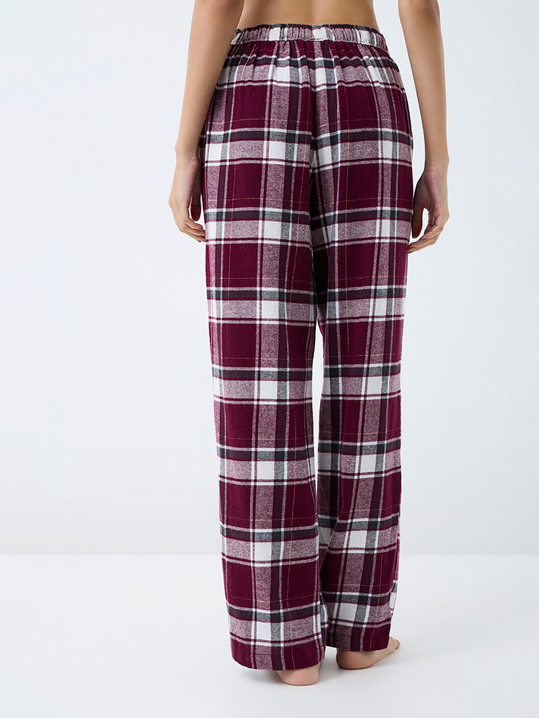 Wunderlove Wine Checkered Print Cotton-Blend High-Rise Pants