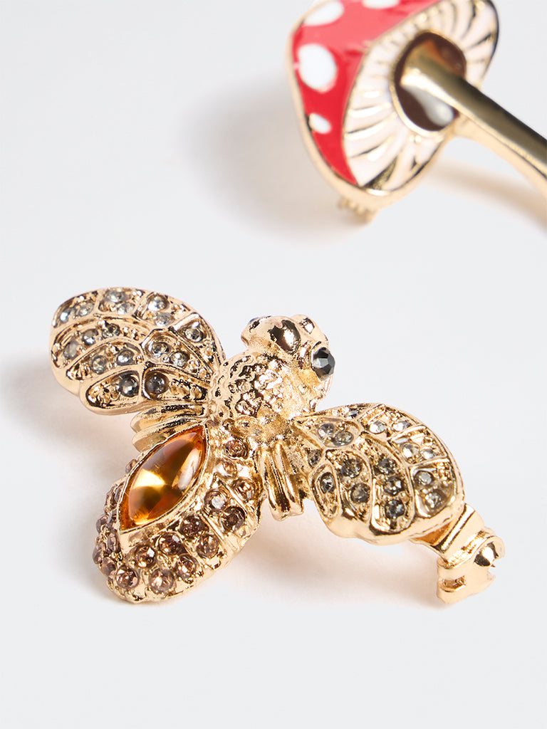 Westside Accessories Gold Mushroom and Embellished Bee Brooches - Pack of 2