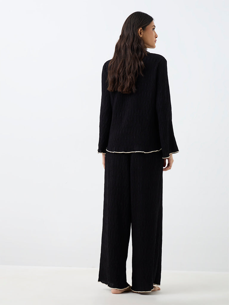 Wunderlove Black Crinkle-Textured Shirt with Pyjamas Set