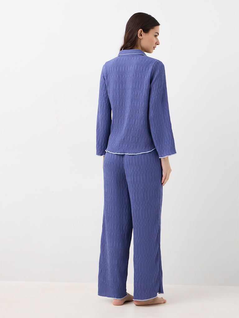 Wunderlove Dusty Blue Textured Shirt and Pyjama Set
