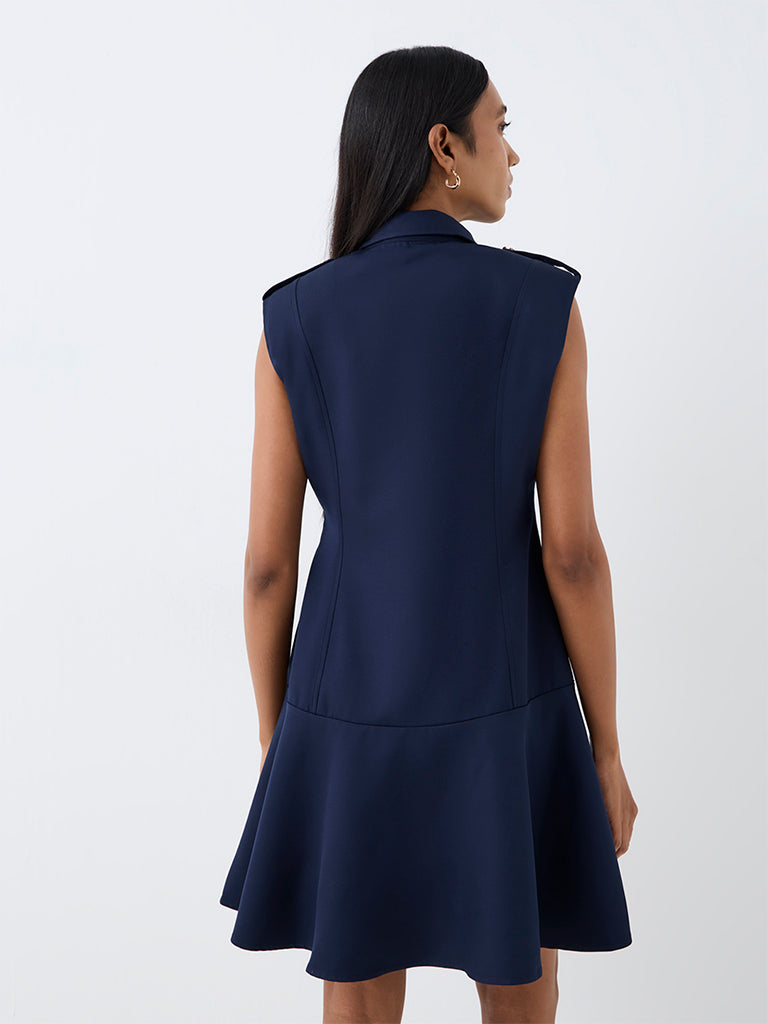 Wardrobe Navy Button-Detail A-Line Dress