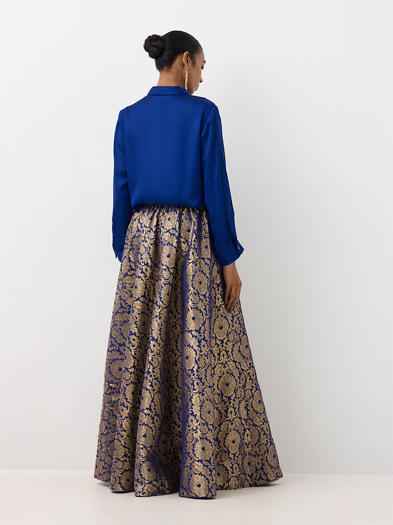 Vark Dark Blue Brocade Skirt and Ethnic Shirt Set