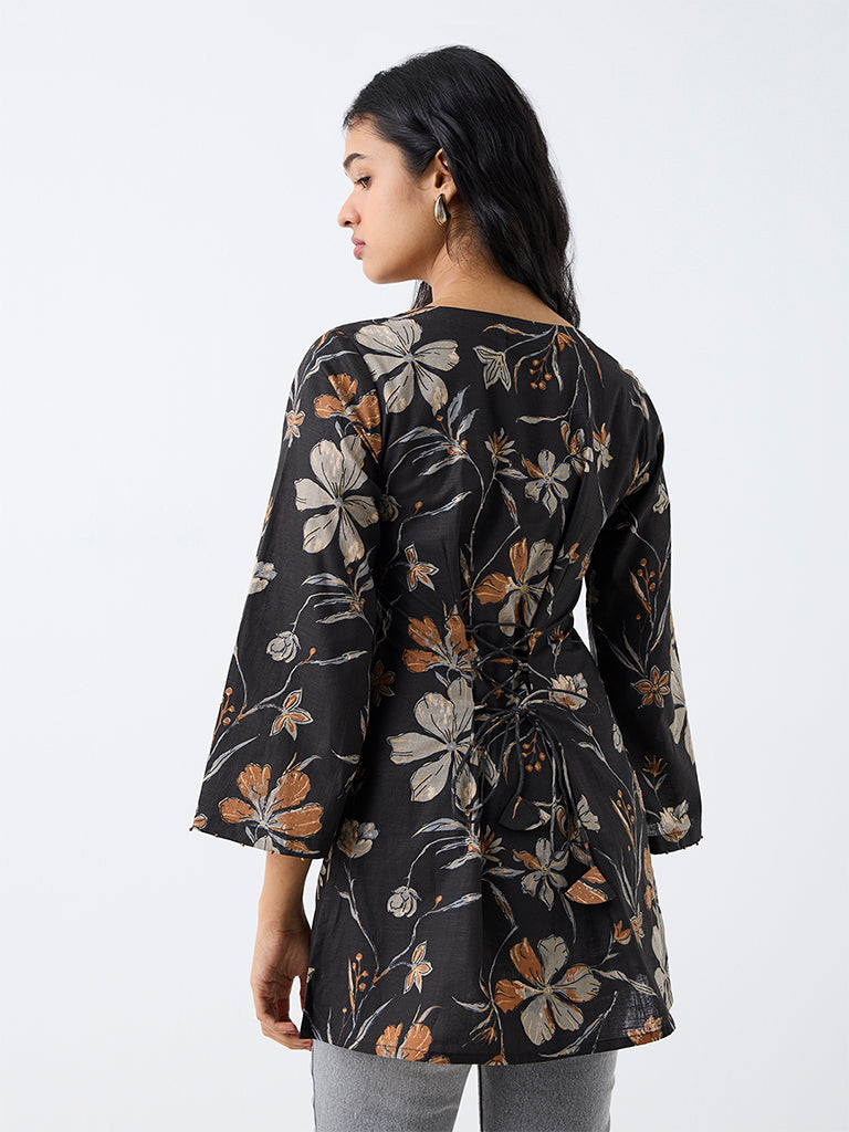 Utsa Black Floral Printed Cotton Tunic
