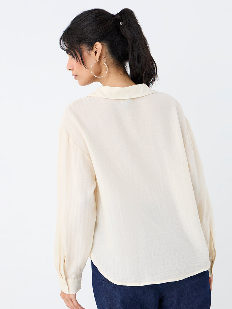 LOV Cream Self-Striped Cotton Shirt