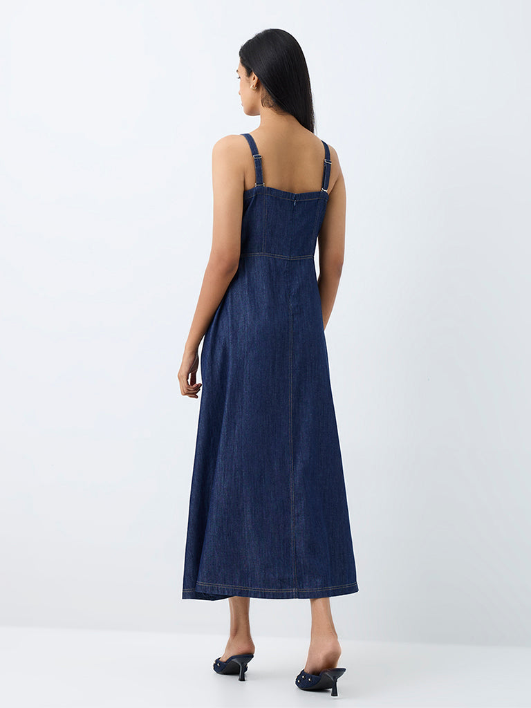 LOV Dark Blue Button-Detail Denim Tube Dress